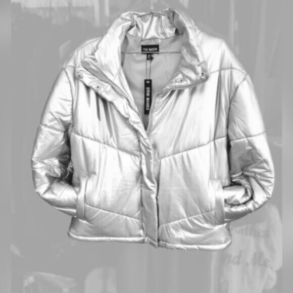 Steve Madden Metallic Silver Downtown Bomber Puffer Jacket NWT Sz Small - Picture 7 of 12